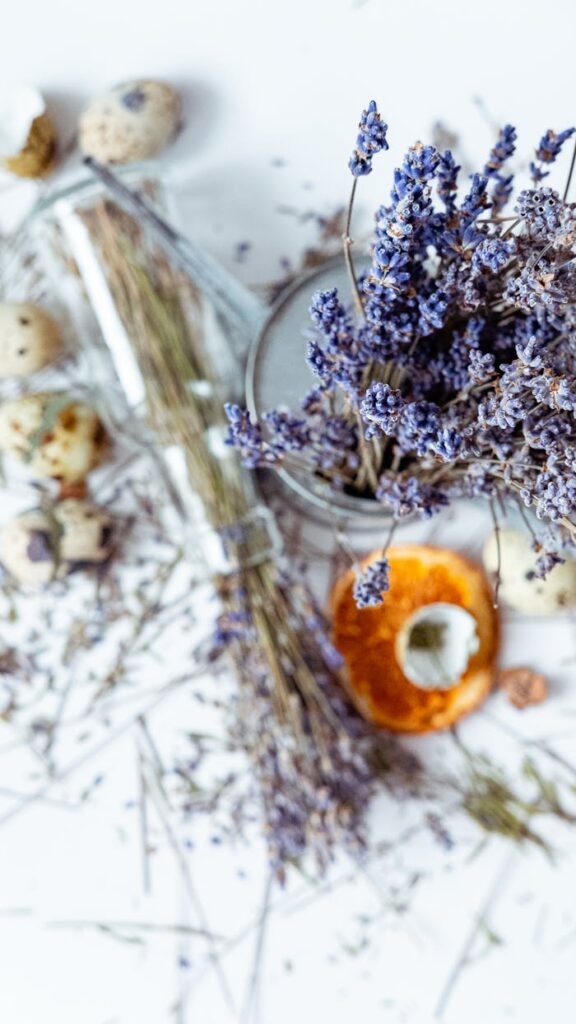 A delicate flat lay of lavender and dried orange peel for aromatherapy use.